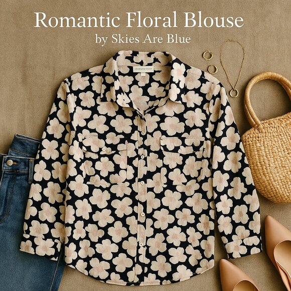 Skies Are Blue Kaulin Relaxed Floral Button Down Top White Blush Navy Print | PL - Picture 1 of 16